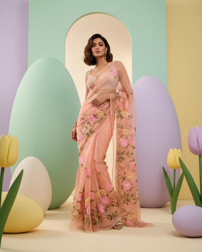 Handpainted Peach Blossom Organza Saree