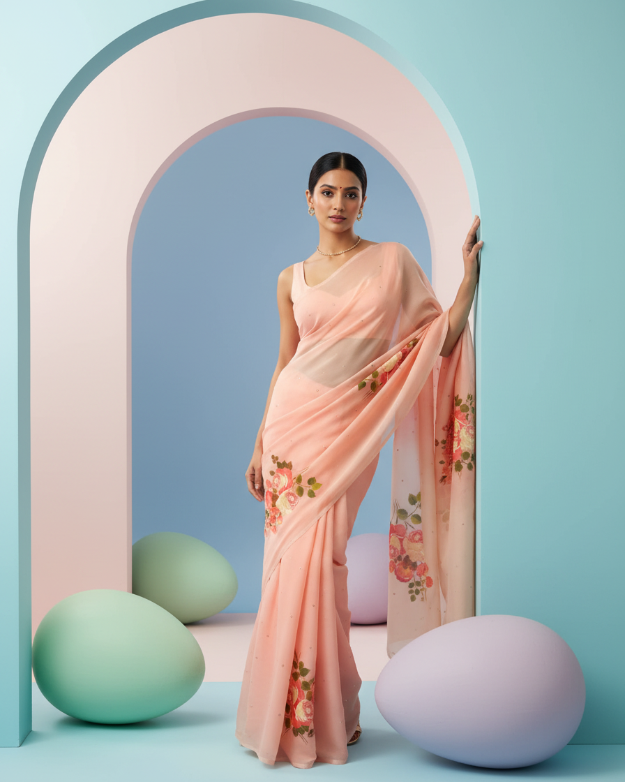 Handpainted Blush Rose Organza Saree