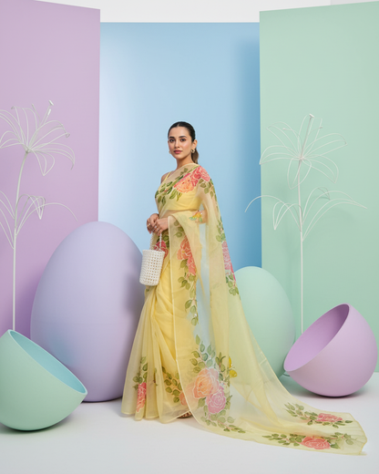 Handpainted Rose Garden Organza Saree
