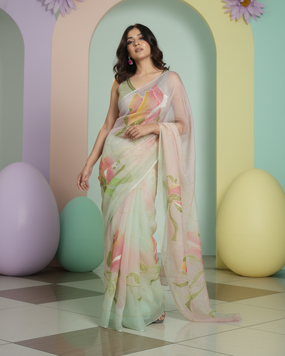 Handpainted Lotus Bloom Organza Saree