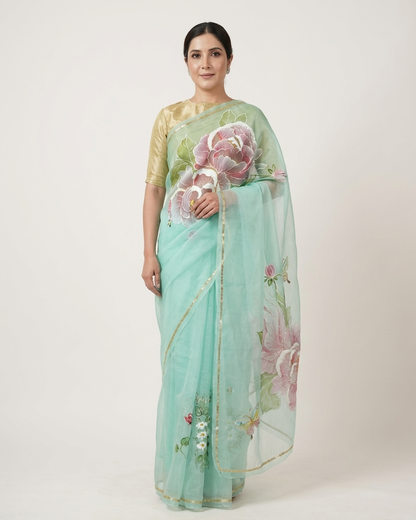 Handpainted Mint Peony Organza Saree