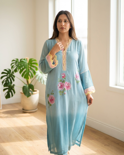 Azure Rose Handpainted Tunic with pants