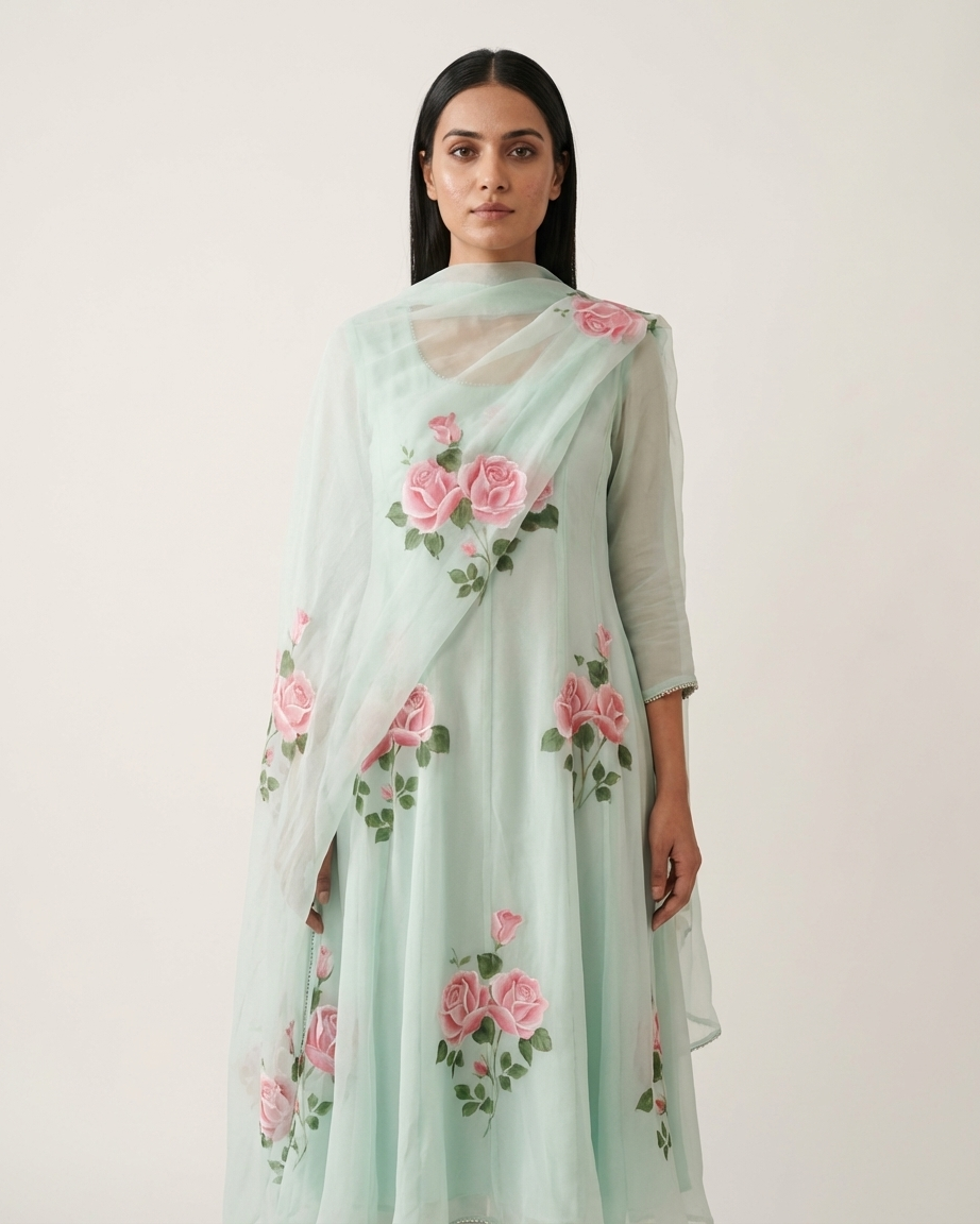 Mint Rose Handpainted Anarkali