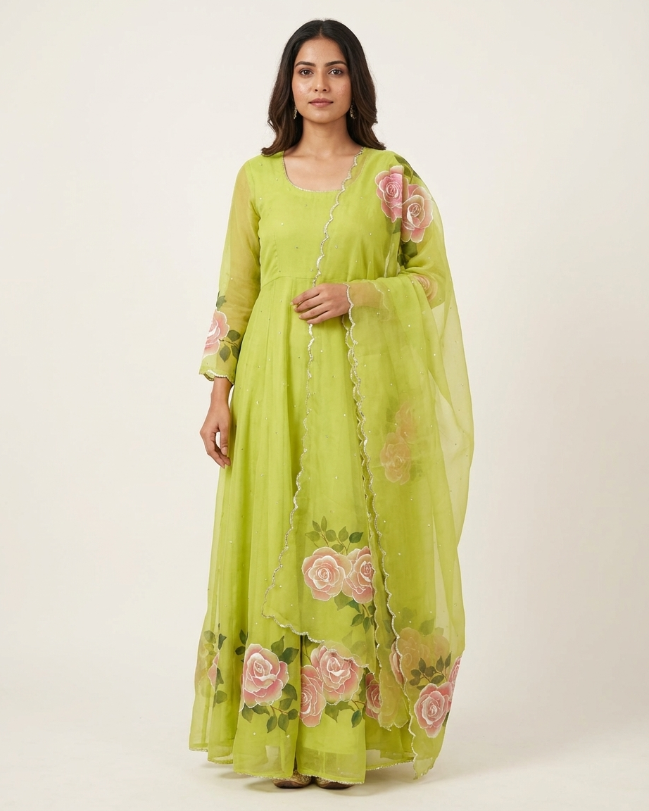 Lime Blossom Handpainted Anarkali