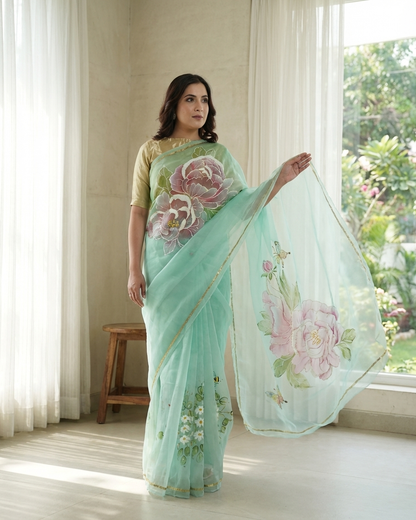 Handpainted Mint Peony Organza Saree