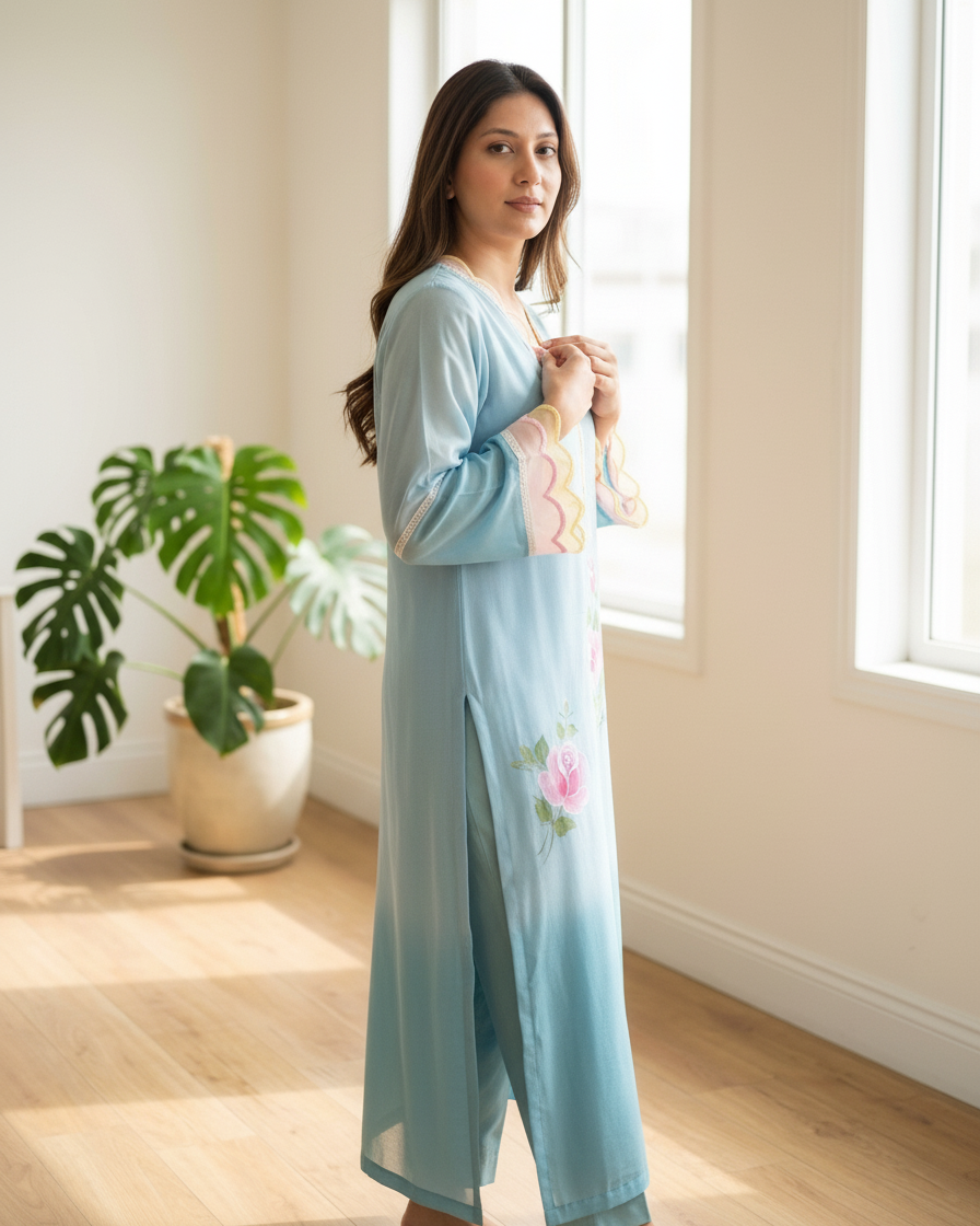 Azure Rose Handpainted Tunic with pants