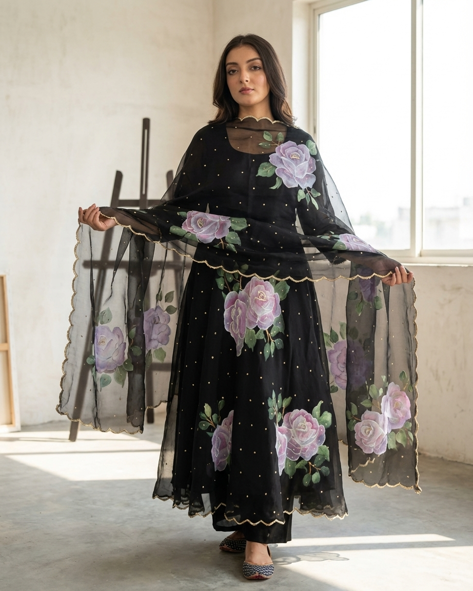 Midnight Rose Handpainted Anarkali