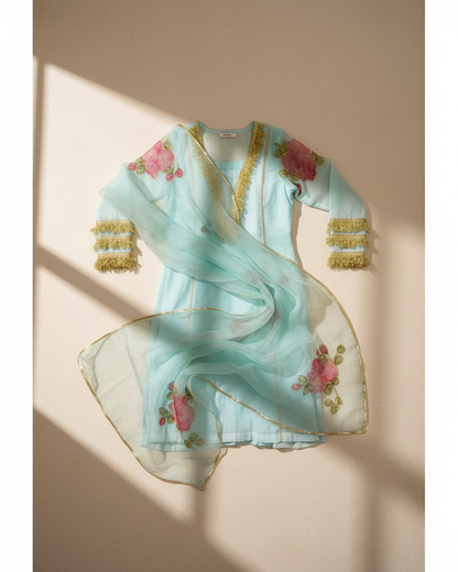 Aqua Blossom Handpainted Suit