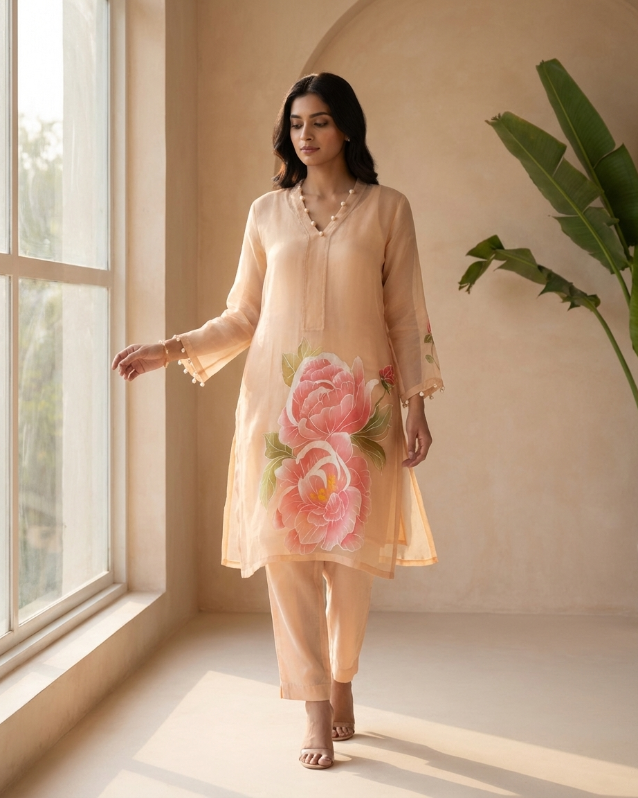 Handpainted Peach Blossom coord set