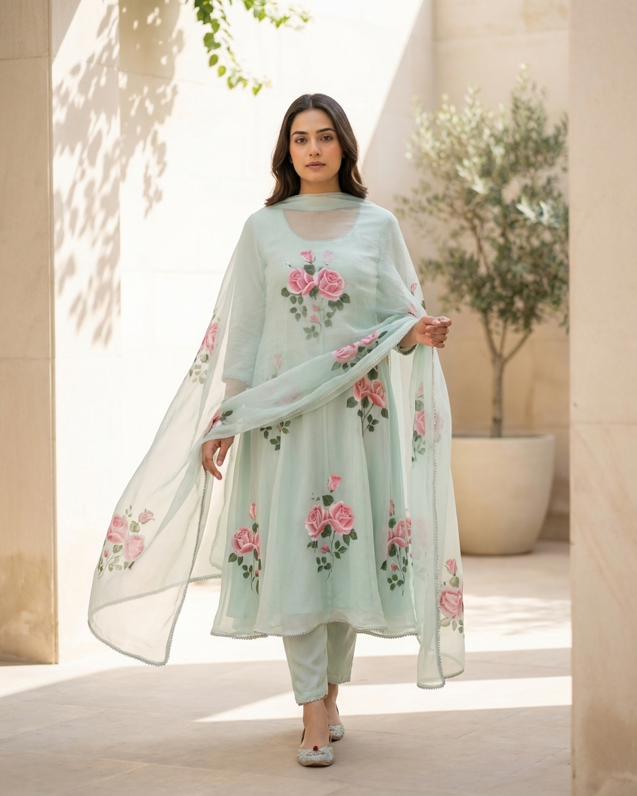 Mint Rose Handpainted Anarkali
