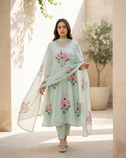 Mint Rose Handpainted Anarkali