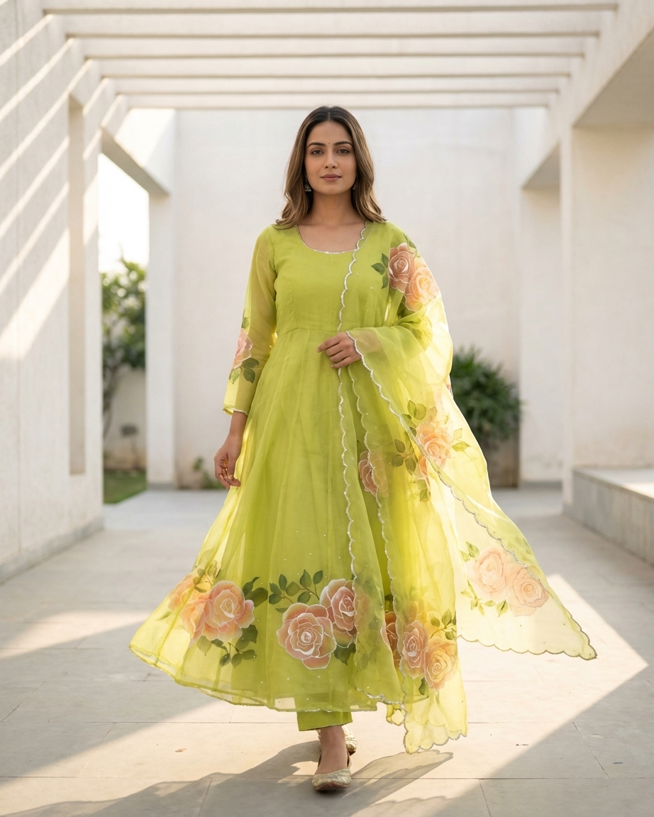 Lime Blossom Handpainted Anarkali