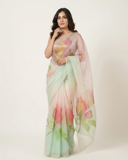 Handpainted Lotus Bloom Organza Saree