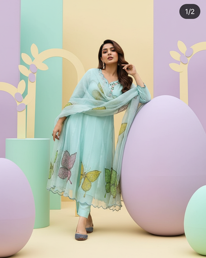 Butterfly Garden Handpainted Anarkali