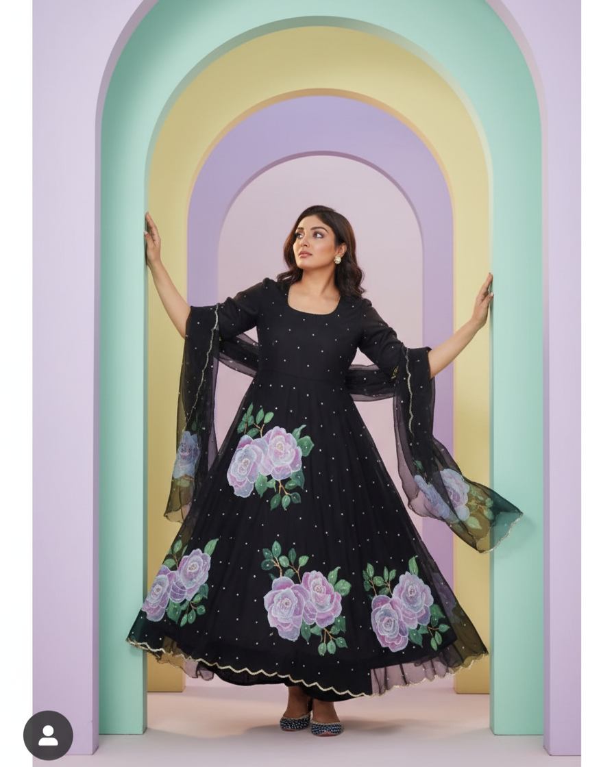 Midnight Rose Handpainted Anarkali