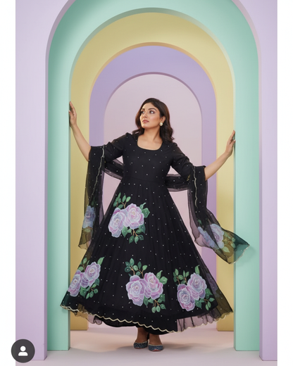Midnight Rose Handpainted Anarkali