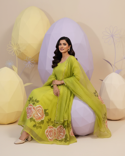 Lime Blossom Handpainted Anarkali