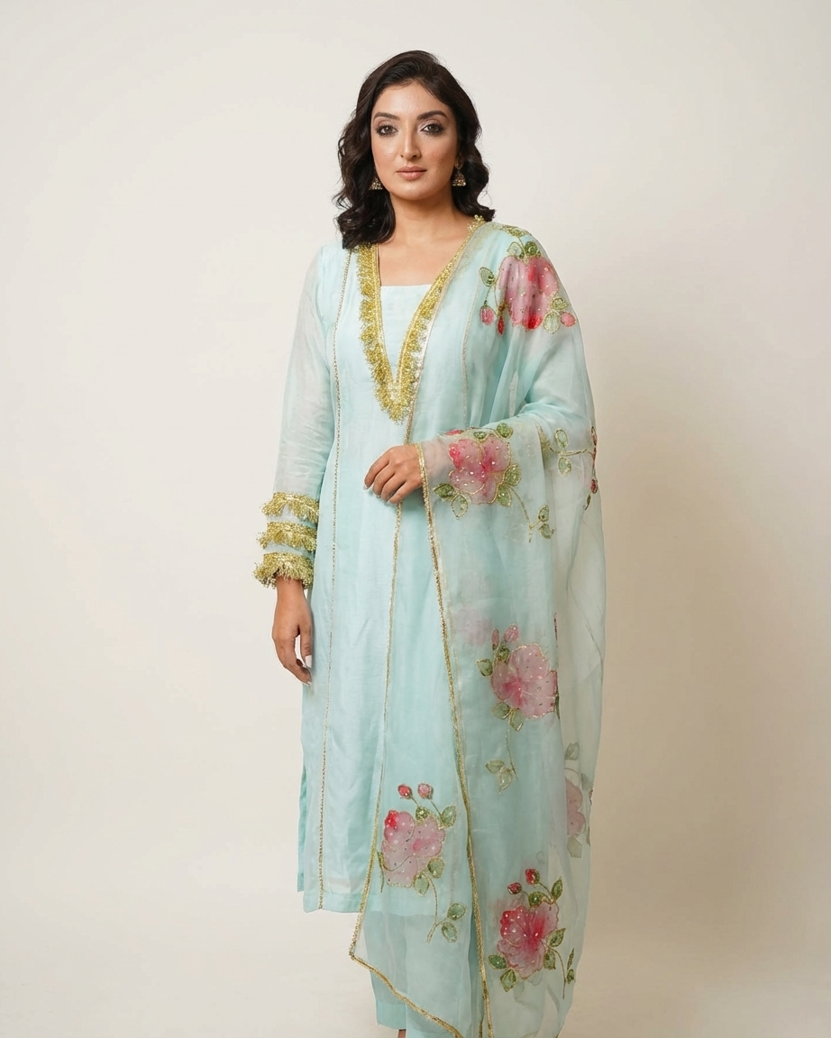Aqua Blossom Handpainted Suit