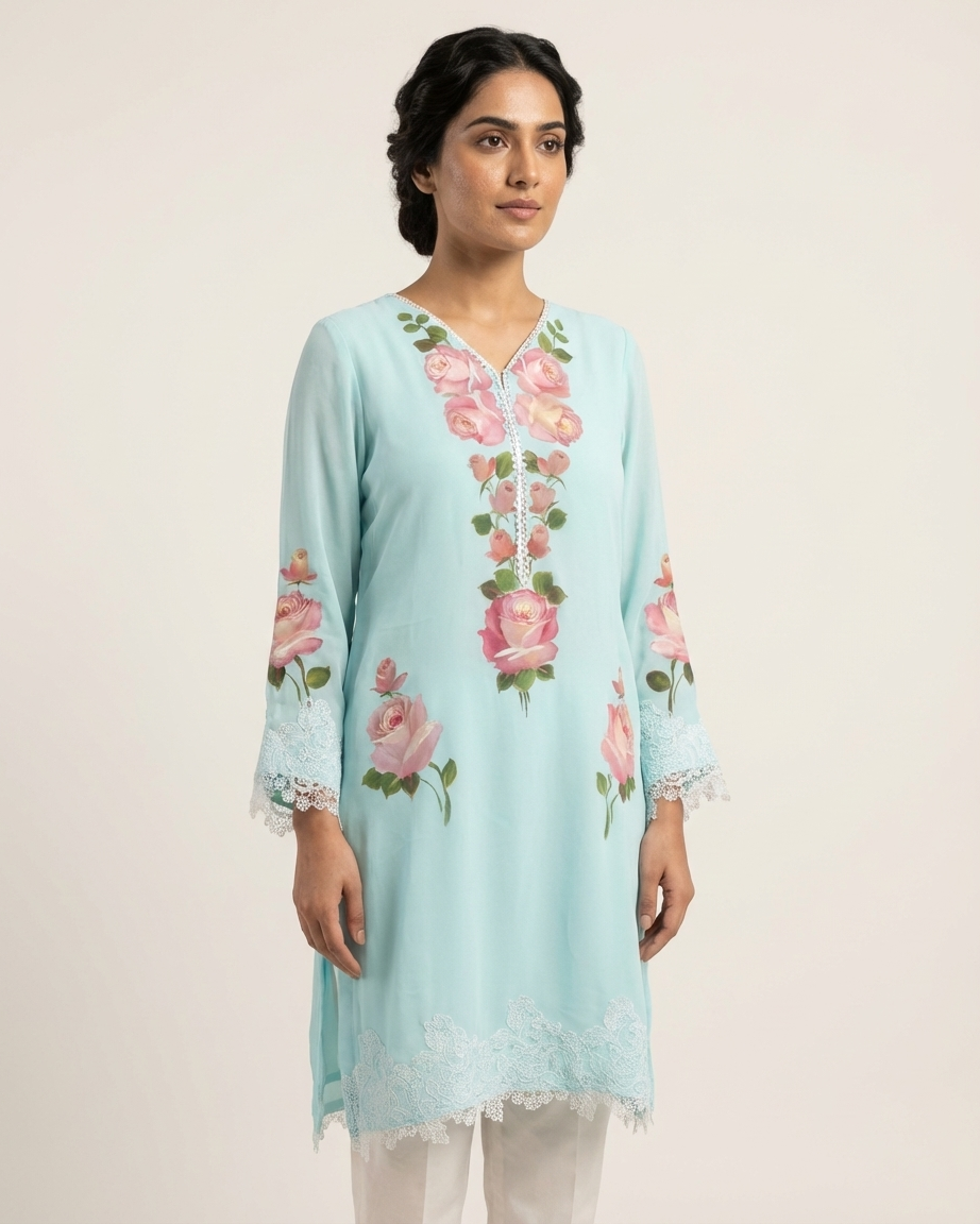 Mint Rose Handpainted Coord set