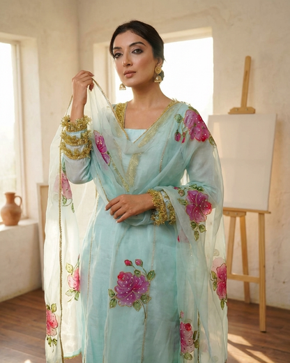 Aqua Blossom Handpainted Suit