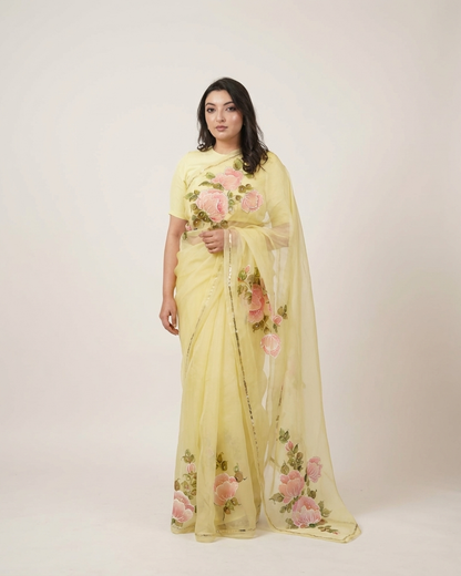 Handpainted Buttercup Peony Organza Saree