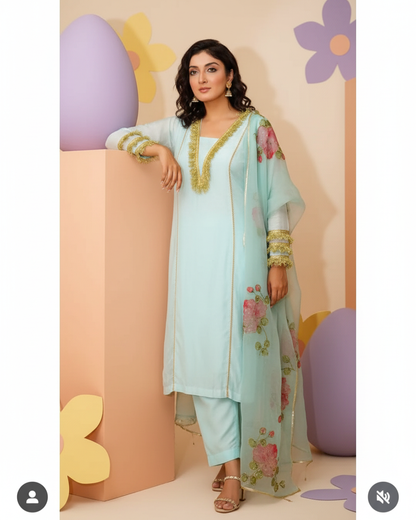 Aqua Blossom Handpainted Suit