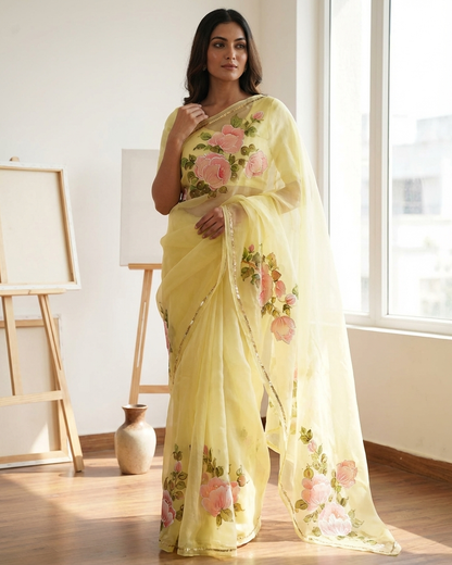 Handpainted Buttercup Peony Organza Saree
