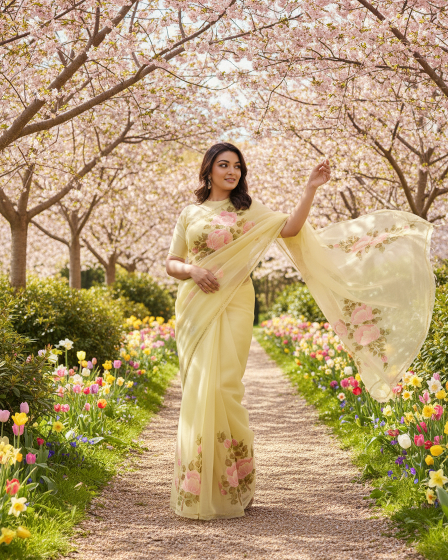 Handpainted Buttercup Peony Organza Saree