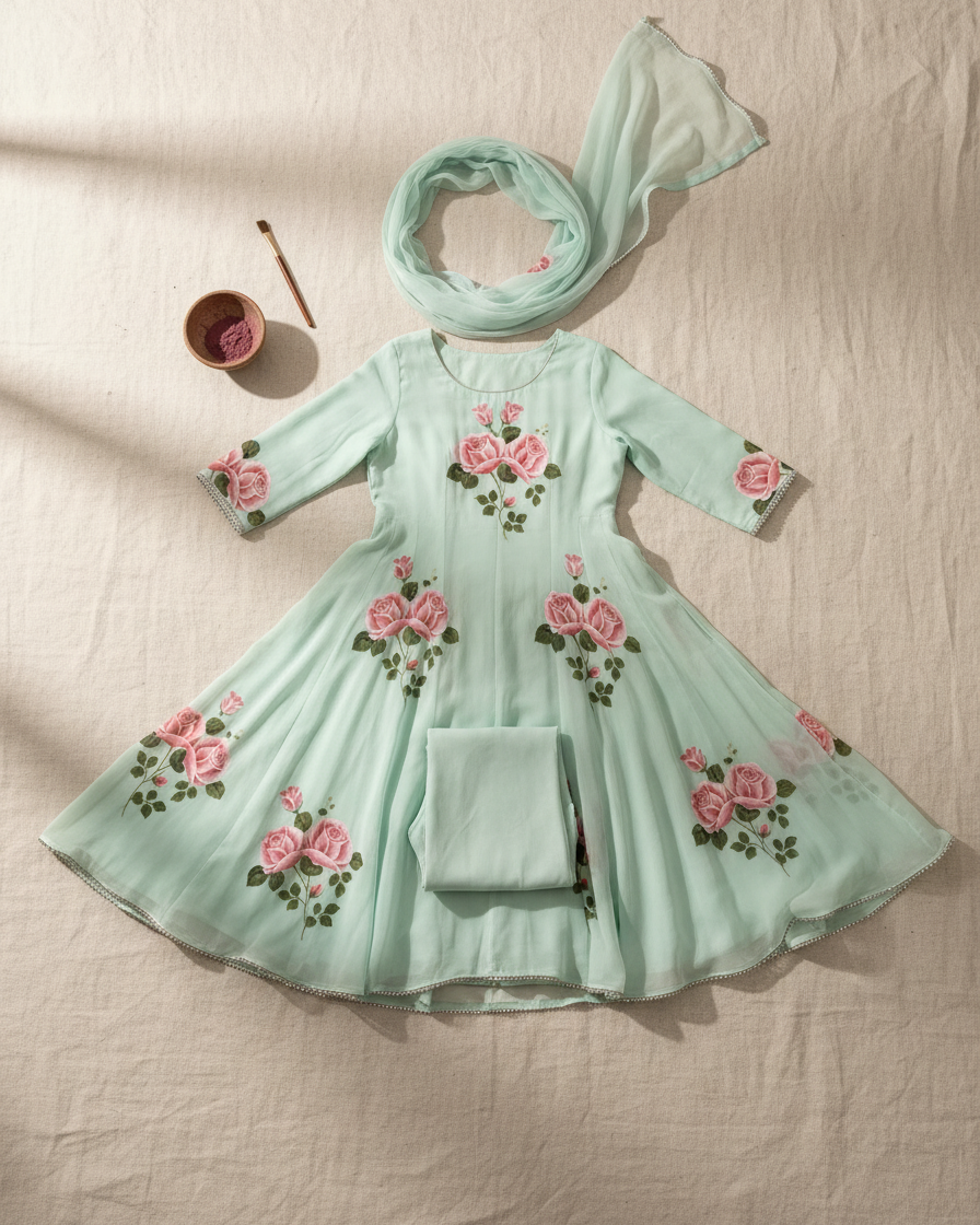 Mint Rose Handpainted Anarkali