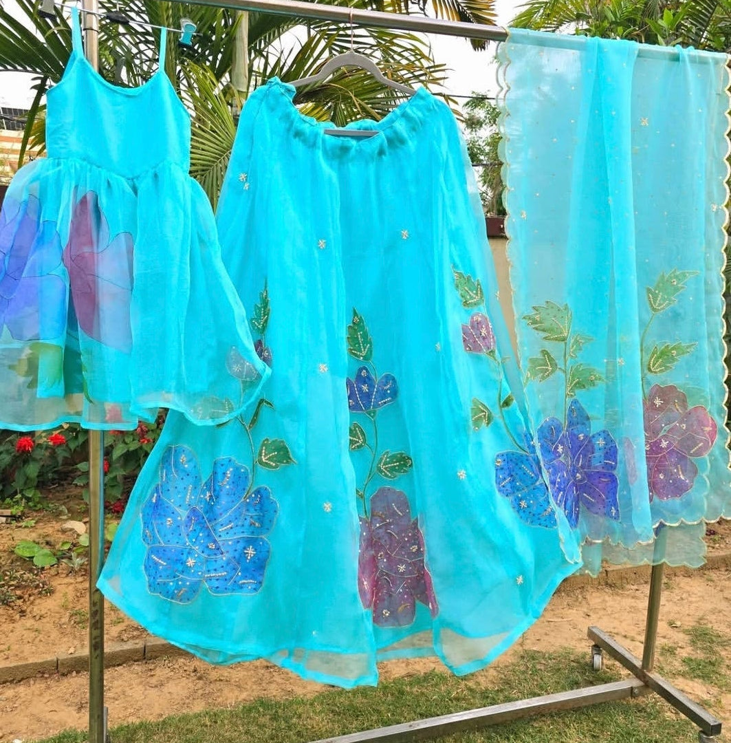 Handpainted Aqua Blossom Lehenga Set