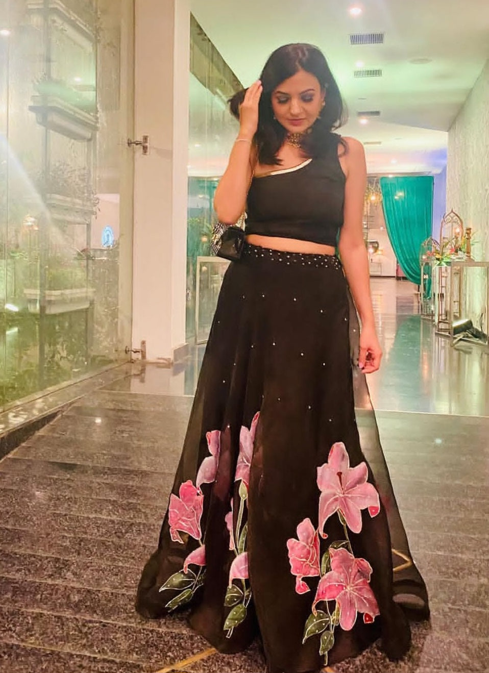 Handpainted Midnight Lily Lehenga Set