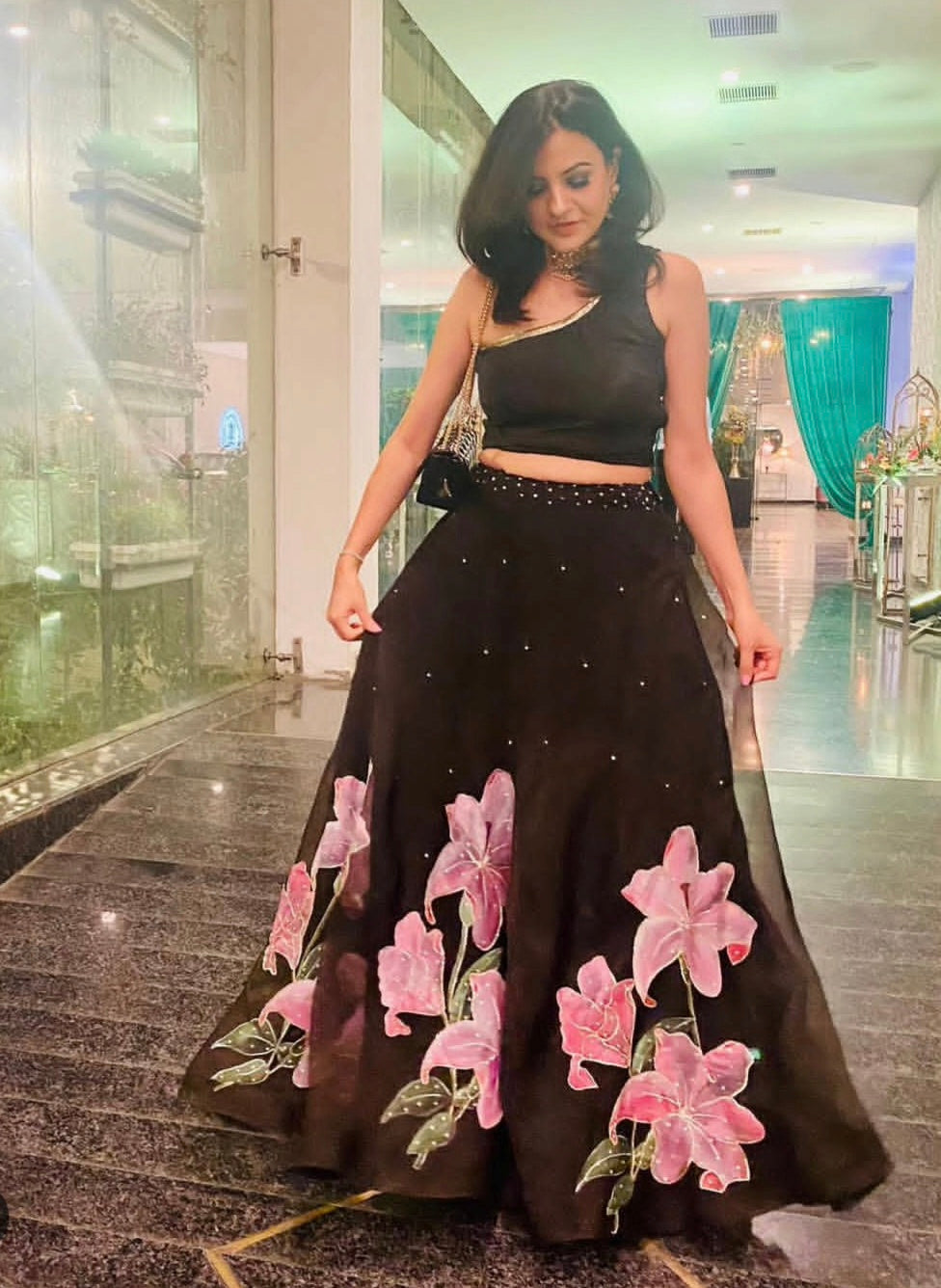 Handpainted Midnight Lily Lehenga Set
